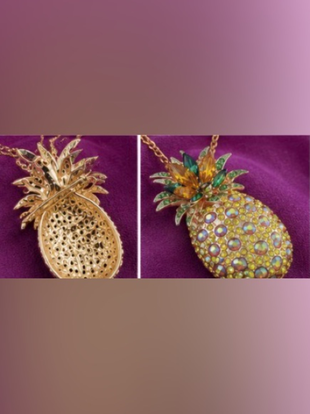 Betsey Johnson Rhinestone Pineapple Brooch Necklace Gold Tone Crystal NWT - Picture 4 of 7